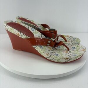 BCBGirls Wedge Heel Flip Flops Womens Size 8 Orange White Logo Print Y2K Sandals